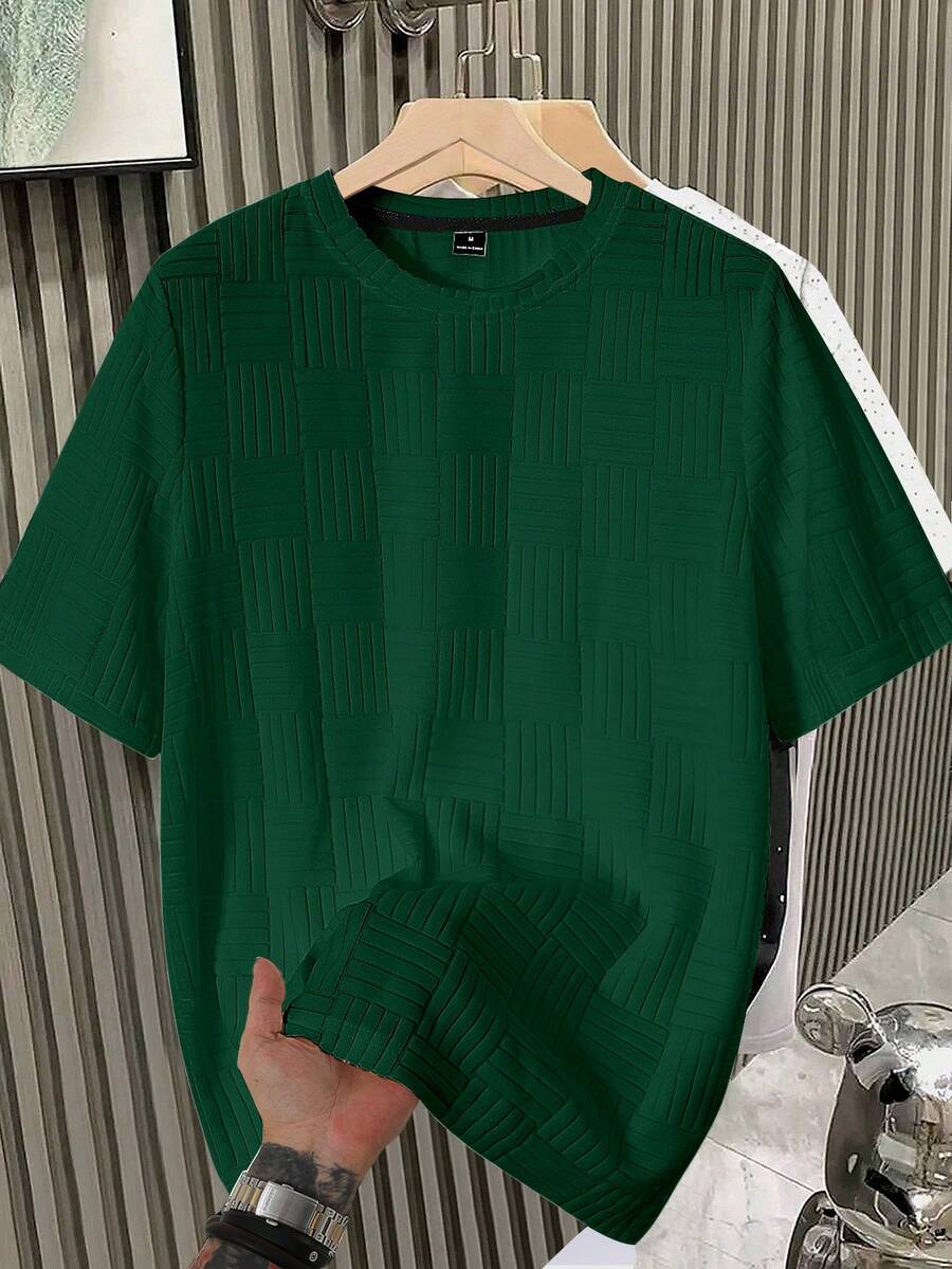 Manfinity Homme 男士纯色简约休闲圆领短袖T恤 - 墨綠色 - 查看 1