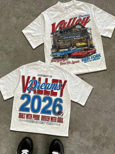 2026 青少年男童休闲简约 Y2K 复古美式汽车字母印花撞色宽松舒适时尚圆领短袖T恤