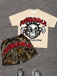 SHEIN 2pcs/Set Boys' Casual Letter Print T-Shirt And Camo Cargo Pants Set - Multicolor - View 1