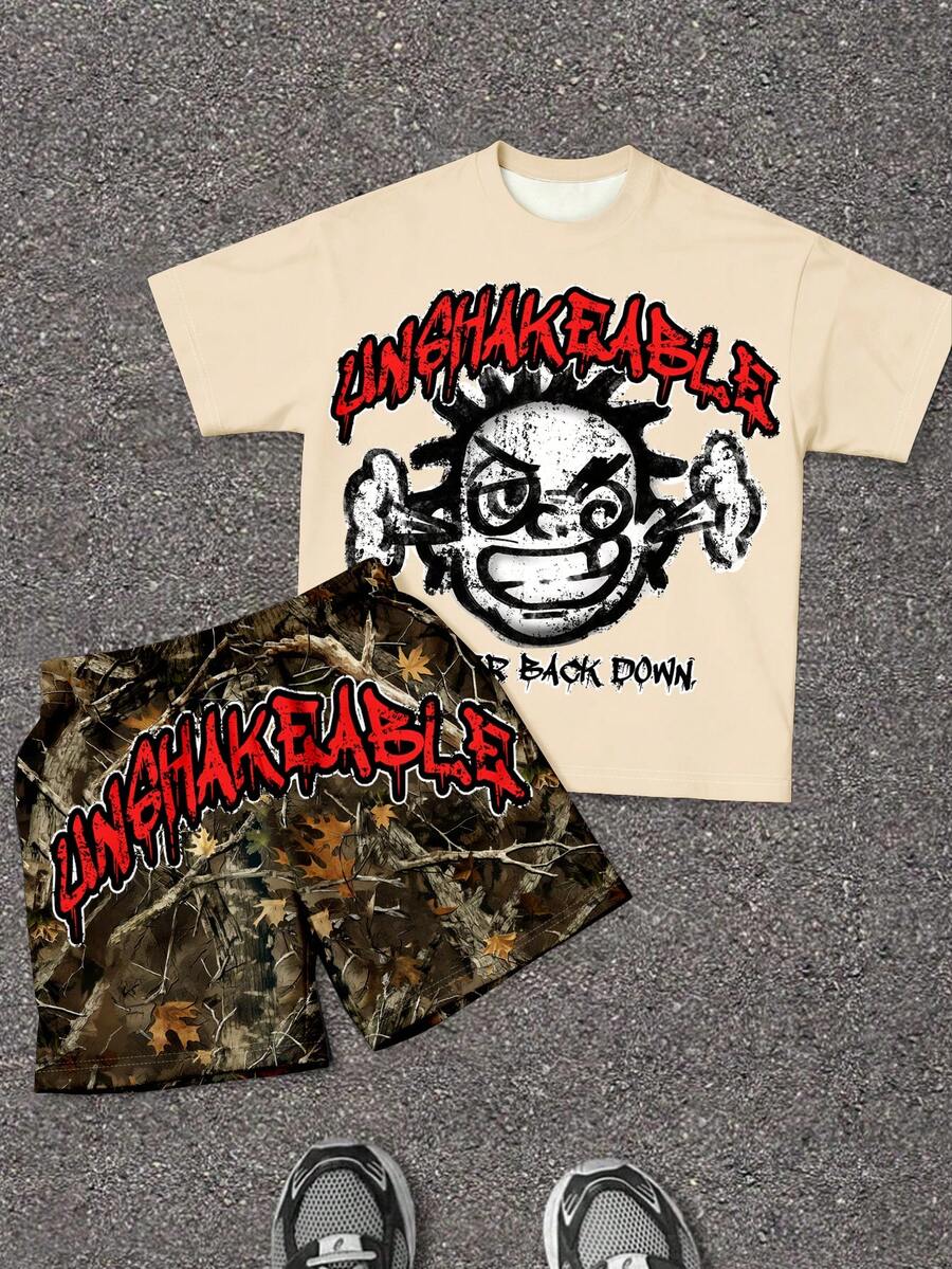 SHEIN 2pcs/Set Boys' Casual Letter Print T-Shirt And Camo Cargo Pants Set - Multicolor - View 1