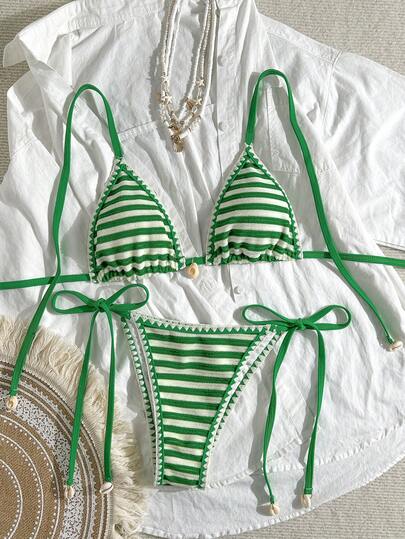 Swim Mod 女士提花面料吊带比基尼套装，贝壳装饰，春夏款