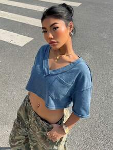 Muchica Áo thun croptop dệt kim màu xanh dương dành cho nữ - Màu xanh lam - Xem 3