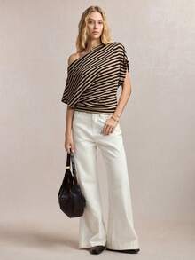BizChic Summer Yellow & Black Striped Asymmetric Shoulder Batwing Sleeve Cinched Waist Women's T-Shirt,Elegent Night Out Office Outfits One Shoulder Tops - Multicolor - View 2