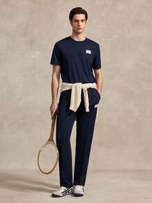 男士春夏休闲纯色贴布细节短袖 T 恤和长裤 2 件套，舒适服装 - 藏蓝色 - 查看 9