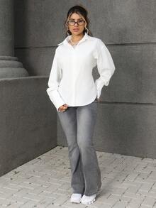 Rayane Ketlyn 女式蓝色束腰 Y2K Baddie 街头服饰 2000 年代风格休闲通勤返校长袖衬衫 - 白色 - 查看 5