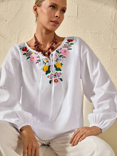 Bóhologie Women's Pure White Cotton-Linen Blouse Featuring A Traditional Vibrant Floral Embroidered Neckline, Elegant Long Puff Sleeves, And Daily Bohemian Artisan Silhouette, Natural Cotton Fabric, Boho Collection