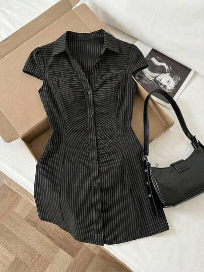 Elamini 女士连衣裙，V领褶皱黑白条纹衬衫裙