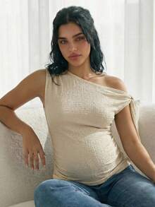 SHEIN Blusa de maternidade de cor sólida com detalhe torcido na frente e ombros franzidos - Damasco - Ver 1