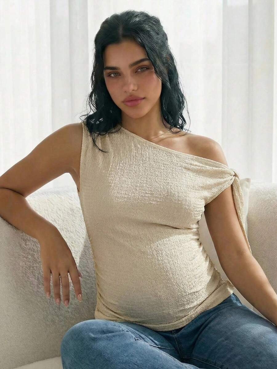 SHEIN Blusa de maternidade de cor sólida com detalhe torcido na frente e ombros franzidos - Damasco - Ver 1