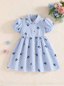 SHEIN Playful Pals 女童休闲时尚格子蝴蝶结印花泡泡袖衬衫裙，适合春夏外出、户外、上学和日常穿着 - 藍色 - 查看 6