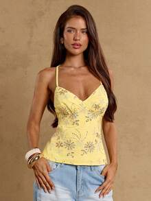 SHEIN BAE Áo hai dây màu vàng trơn có họa tiết đính sequin, áo tank top hở lưng đi nghỉ mát, áo tank top dệt jacquard, áo tank top hở lưng đính sequin. - Vàng nhạt - Xem 3