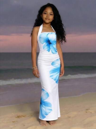 SHEIN 1pc Teen GirlFresh Resort Style Large Rose Print Fitted Sleeveless Maxi Mermaid Dress, Elegant Waist Cinched Casual Dress For Beach Holiday, Spring/Summer