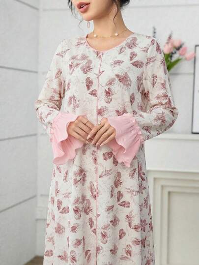 SHEIN Najma Đầm kiểu Ả Rập thanh lịch, tay loe, xếp nếp, in họa tiết màu nước dành cho phụ nữ