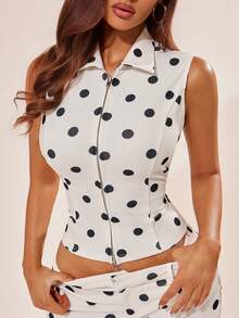 Radiana 杏色撞色波点修身两件套：前拉链无袖露脐上衣和低腰修身波点短裤，可爱撞色波点夏季套装，夏季短裤套装，休闲两件套，休闲装，适合日常休闲外出、都市生活、通勤、商务出行、夜间活动、约会、聚会、音乐会、度假、假日等场合。波点女装两件套，女装，波点女装夏季两件套，女装套装，女式休闲装 - 彩色 - 查看 6