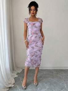 Elenzga Women's Elegant Romantic Mesh Printed Ruched Midi Dress, Suitable For Wedding Season, Party, Date, Casual Outing, Spring/Summer - Mauve Purple - View 4