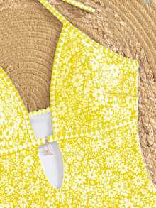 Traje de baño de una pieza sexy con espalda hueca, tirantes finos y estampado de patrones azul y blanco para mujeres, verano y vacaciones en la playa 2026 - Amarillo 2 - Ver 6