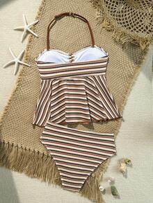 SHEIN Tween Girls Tankinis, Cute Knitted Jacquard Fabric Halter Neck Ruffle Hem Design Swimsuit Two Pieces Set, European And American Fashion Elegant Casual Graceful, Suitable For Swimming, Beach, Vacation, Summer - Multicolor - View 2