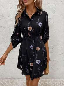 SHEIN Clasi 女士秋冬时尚百搭通勤印花衬衫裙 - 黑色 - 查看 7