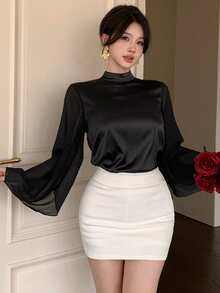 女士纯色立领休闲百搭日常长袖衬衫 夏季 - 黑色 - 查看 9