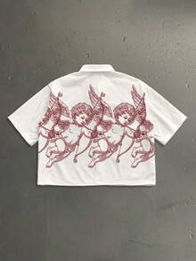 StoneGrade 复古美式丘比特射手天使印花宽松短袖衬衫，领，约会聚会必备，时尚情侣礼物，送给男友的理想之选 - 杏色 - 查看 2