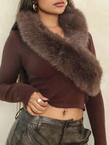 Rayane Ketlyn 女式新款时尚V领蓬松拼接长袖修身针织毛衣，性感深V领，咖啡色 - 咖啡棕 - 查看 7