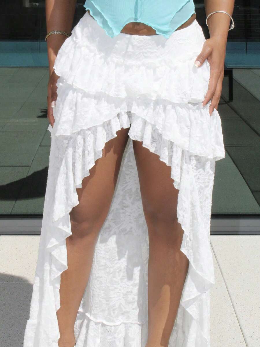 Steph T Chân váy ren xếp tầng viền cao thấp cạp siêu thấp - trắng - Xem 1