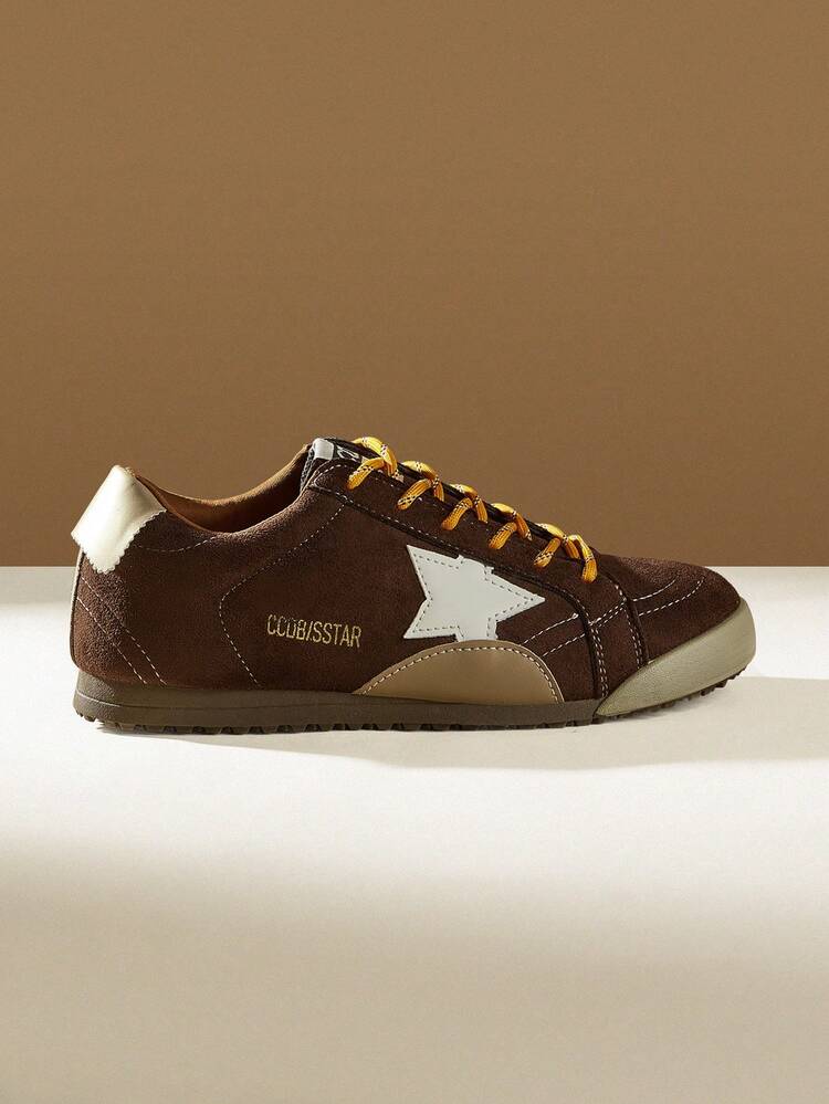 CUCCOO EASI Women's Shoes Color Matching Design Lace-Up Round Toe Flat Bottom Casual Sports Shoes Casual Style Imitation Suede PU Leather Dark Brown Casual Sports Shoes Daily Outdoor Sports And Leisure