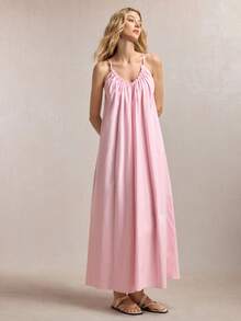 BizChic Summer New U-Neck Ruffle Trim Adjustable Spaghetti Strap Drawstring Back Tie Elegant City Commute Dress For Women - Pink - View 3