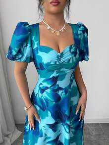 Elenzga Vestido elegante y romántico con cuello de corazón, mangas de pétalo y cintura recogida en línea A, adecuado para vacaciones - Multicolor - Ver 7