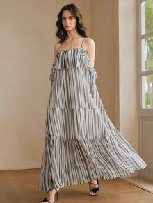 Anewsta Women's Loose Striped Spaghetti Strap Patchwork Ruffle Hem Dress, Vacation Beach Style, Spring/Summer - Blue and White - View 1