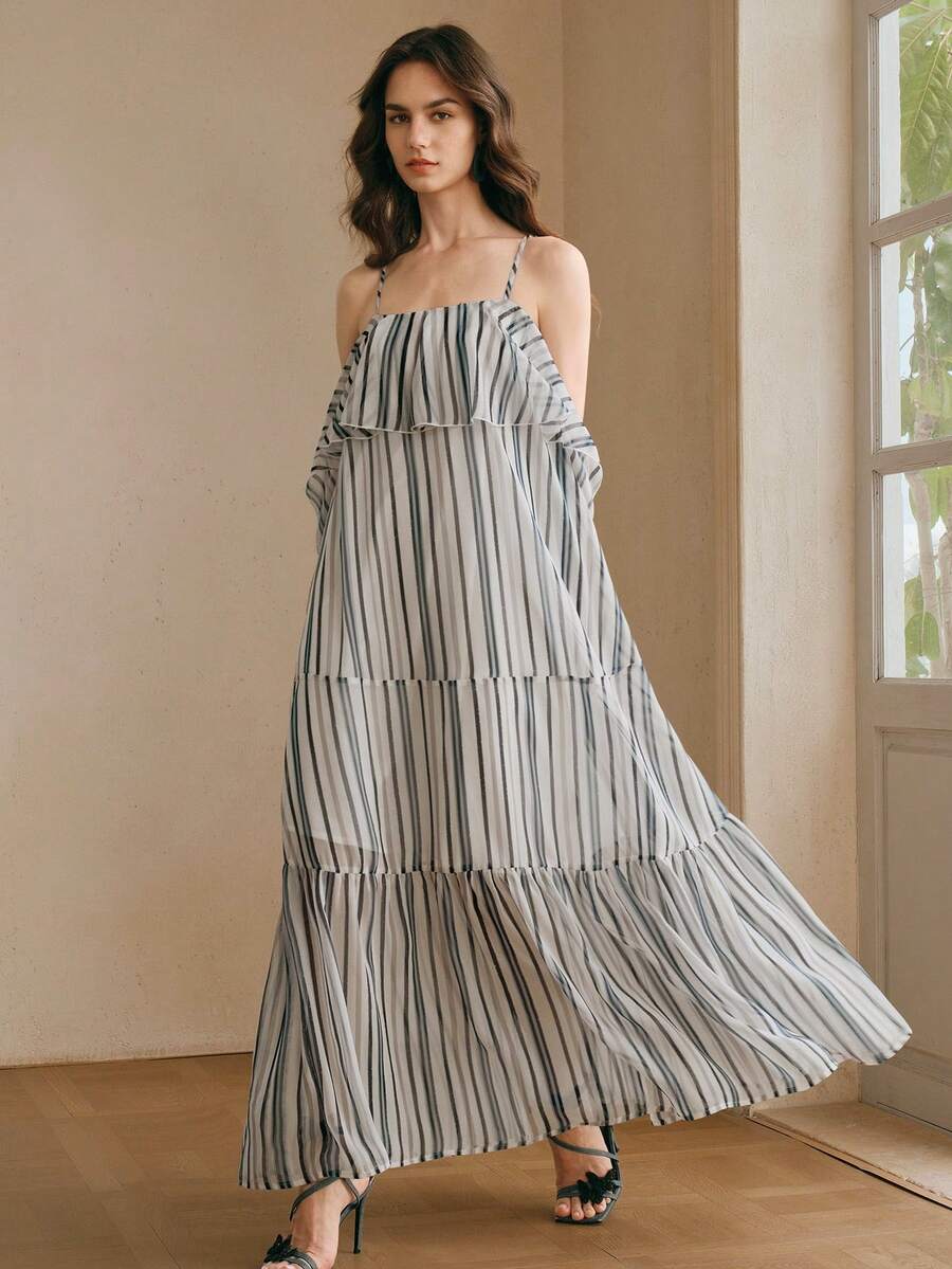 Anewsta Women's Loose Striped Spaghetti Strap Patchwork Ruffle Hem Dress, Vacation Beach Style, Spring/Summer - Blue and White - View 1