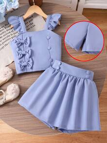 Girls' Sweet Princess Style Buttercup Yellow Vest & Shorts Set, Spring/Summer, Multi-Layer Bow Button Decor Flared Sleeve Top & Shorts 2pcs Outfit, Suitable For Daily Wear, Small Parties - Blue - View 6