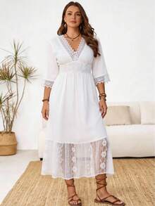 Rosumi Đầm thanh lịch cỡ lớn, màu trơn, cổ chữ V, phối ren. - trắng - Xem 1