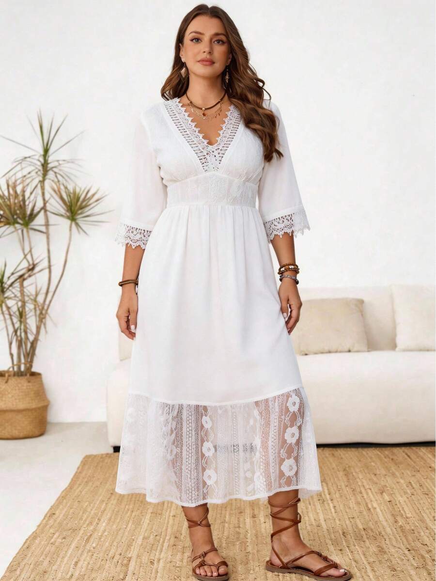 Rosumi Đầm thanh lịch cỡ lớn, màu trơn, cổ chữ V, phối ren. - trắng - Xem 1