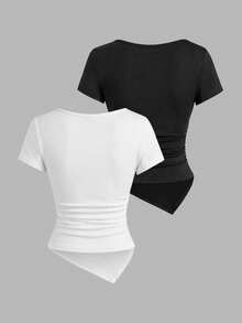 Sweetra Elegant Metal Decor Asymmetric T-Shirt, Summer - Multicolor - View 2