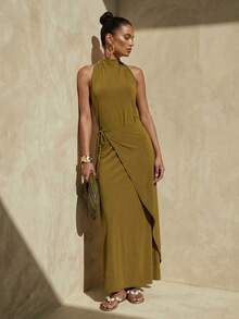 Zivah 2026 春季新款地中海度假风音乐节复活节弹力针织露背系带长裙，棕色、黄色、绿色可选 - 黃色 - 查看 4