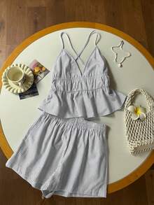 Women's Casual Blue Knitted Camisole And Shorts Set, Brand - 淺灰色 - 查看 5