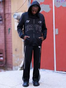 BelSigned BelSigned Men's Autumn Letter Graphic Long Sleeve Zip Up Front Hooded Casual Sweatshirt, Going Out Vintage Zipper Hoodie, For Friends, Husband, Boyfriend Gifts, Winter - Black - View 1