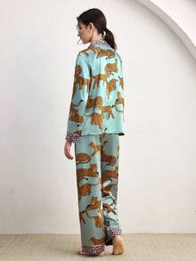 Ocili 2pcs/Set Women Leopard Color Blocking Pajama Set Holiday Season, Fall Winter Clothes - Multicolor - View 3