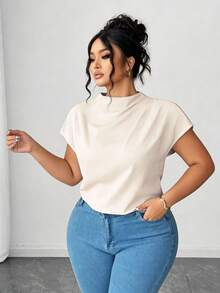 Elenzga Plus Size Women's Elegant Black Poplin Solid Color Shirt, Spring/Summer - Apricot - View 5