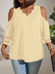 Plus Size Solid Color V-Neck Shell Trim Hollow Casual Shirt - Yellow - View 3