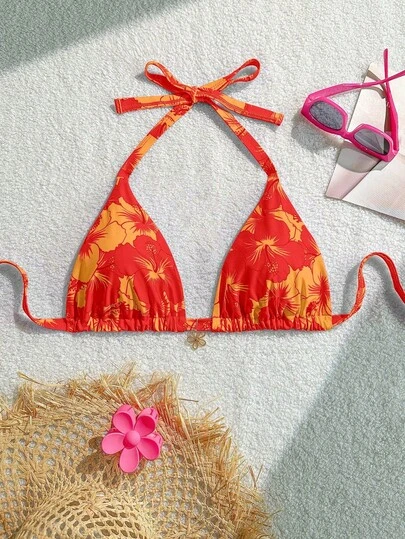 Swim Mod Plus Size Women's Tropical Floral Decorated Halter Bikini Top, Fashionable And Energetic For Summer Vacation