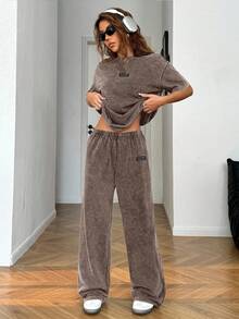 SHEIN EZwear 两件套女士休闲套装 - 水洗棕色T恤和裤子套装，日常穿着 - 棕色 - 查看 6