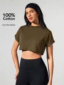 Fluxe Solid Color Knit Round Neck Short Sleeve Loose Cropped Casual Women T-Shirt,Summer Top - Mocha Brown - View 3