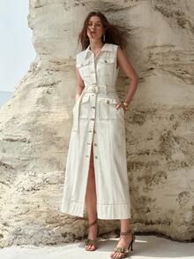 MOTF PREMIUM BELTED BUTTON UP DENIM DRESS - White - View 1