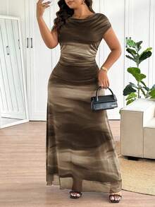 Lounesse Plus Size Elegant Tie Dye Print Maxi Fishtail Dress,Formal Dresses For Women - Chocolate Brown - View 5