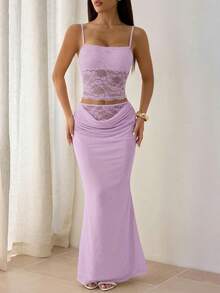 SHEIN PETITE 女士夏季蕾丝拼接透视两件套露背上衣+长裙性感优雅节日装扮情人节约会装扮音乐节宴会轻薄连衣裙适合秋冬季内衣穿着 - 淡紫色 - 查看 3