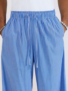 TOKVUE 男士抽绳腰带条纹口袋阔腿宽松裤 - 藍色 - 查看 4