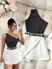 Franclia Women's Elegant Black Polka Dot Asymmetrical Neck Sleeveless Top And White Skirt Two-Piece Outfit - Black - View 1