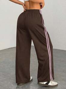 SHEIN EZwear Calça Casual com Listras Laterais Marrons Plus Size para Mulheres, Moda Minimalista, Uso Diário, Adequada para Formatura, Volta às Aulas, Traje de Professor - Castanho - Visão 2